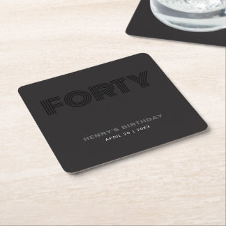 Retro Typography Modern Black 40th Birthday Square Paper Coaster