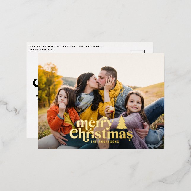 Retro typography modern full photo  foil holiday postcard (Front/Back)