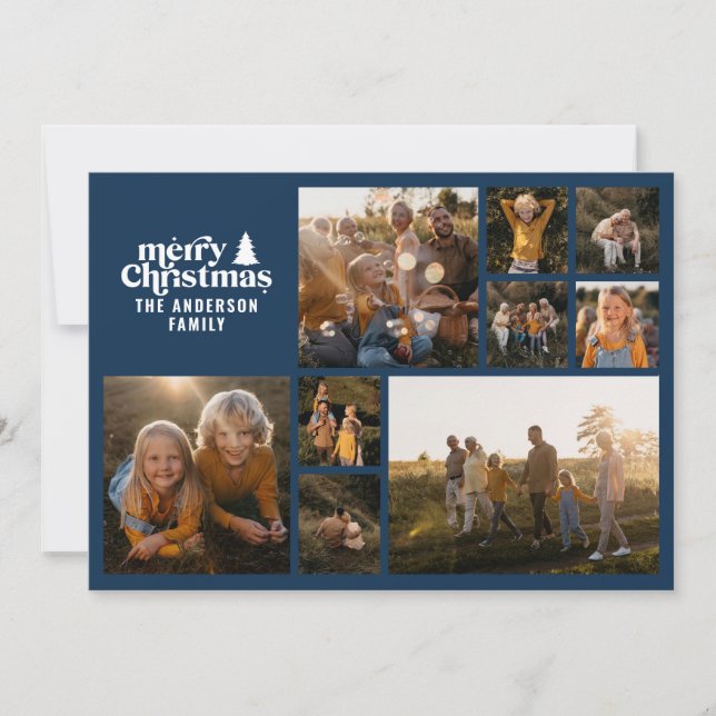 Retro typography modern Navy Blue multi photo Holiday Card (Front)