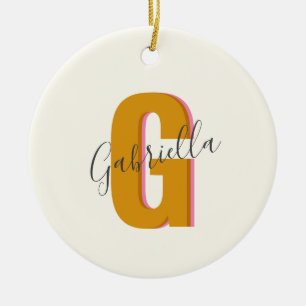 Retro Typography Monogram Initial Name in Yellow Ceramic Tree Decoration