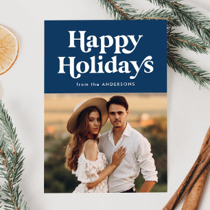 Retro Typography Navy Happy Holidays Photo Holiday Card