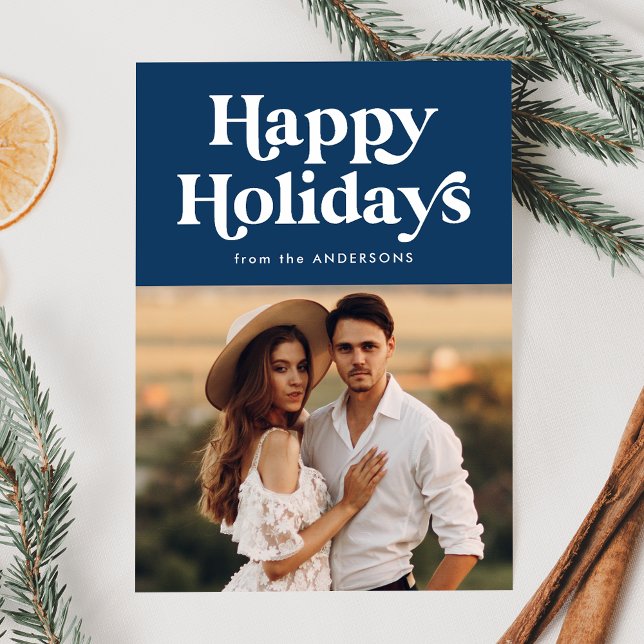 Retro Typography Navy Happy Holidays Photo Holiday Card (Creator Uploaded)