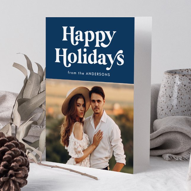 Retro Typography Navy Happy Holidays Photo Holiday Card (Creator Uploaded)