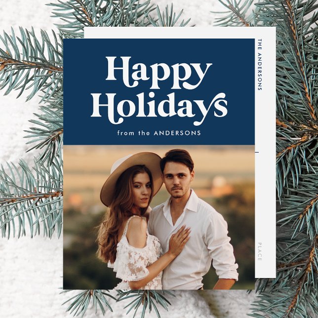 Retro Typography Navy Happy Holidays Photo Holiday Postcard (Creator Uploaded)