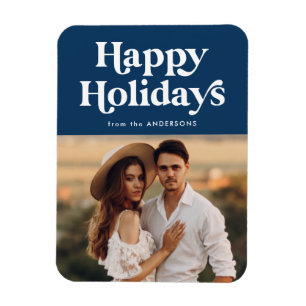 Retro Typography Navy Happy Holidays Photo Magnet