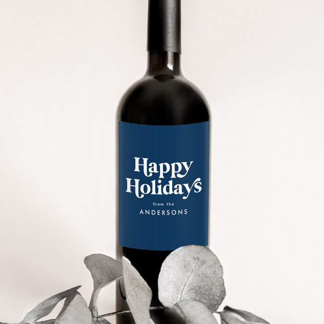 Retro Typography Navy Happy Holidays Wine Label (Creator Uploaded)