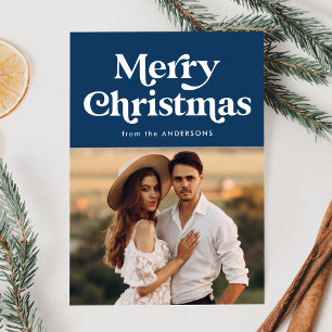 Retro Typography Navy Merry Christmas Photo Holiday Card