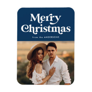 Retro Typography Navy Merry Christmas Photo Magnet
