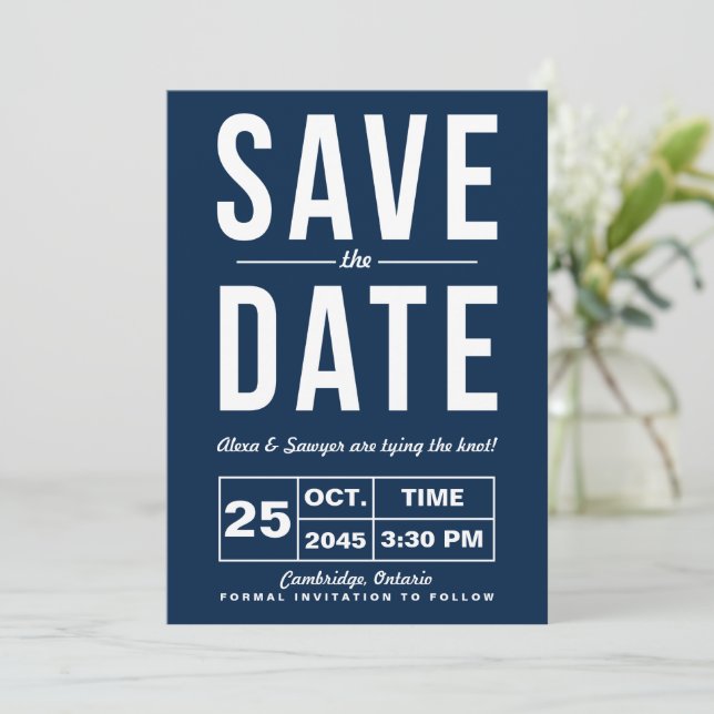 Retro Typography Navy Save the Date Announcement (Standing Front)