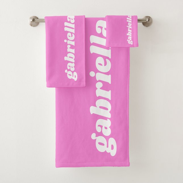Retro Typography Personalised Name | Bright Pink Bath Towel Set (Insitu)