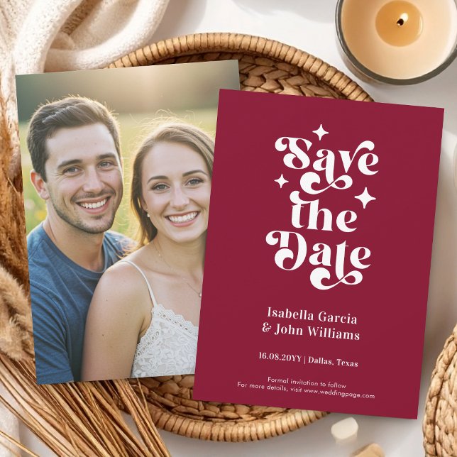 Retro Typography Photo Wedding Save The Date Announcement (The front and back of the announcement is shown in 4.5 x 6.25 in. Choose size, corner + paper style.)
