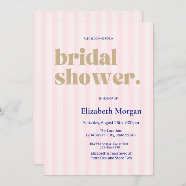  Retro Typography Pink Striped Bridal Shower Invitation (Front/Back)