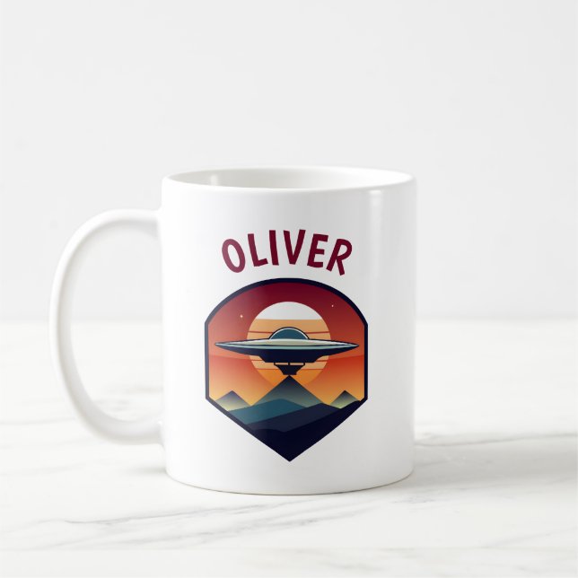 Retro UFO at Sunset Personalised Coffee Mug (Left)