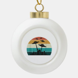 Retro UFO Attack Sunset - Cool Vintage Flying Sauc Ceramic Ball Christmas Ornament