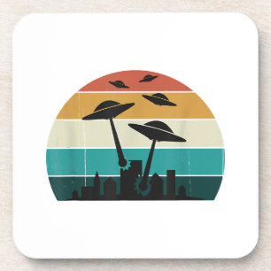 Retro UFO Attack Sunset - Cool Vintage Flying Sauc Coaster
