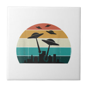 Retro UFO Attack Sunset - Cool Vintage Flying Sauc Tile