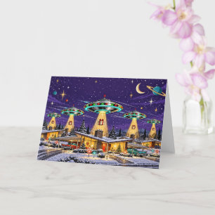 Retro UFO Christmas Card, Flying Saucers Card