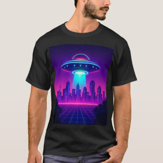 Retro UFO Cityscape Poster – Neon Synthwave Alien T-Shirt