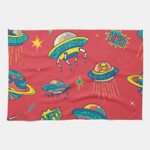 Retro UFO Space Invaders Tea Towel