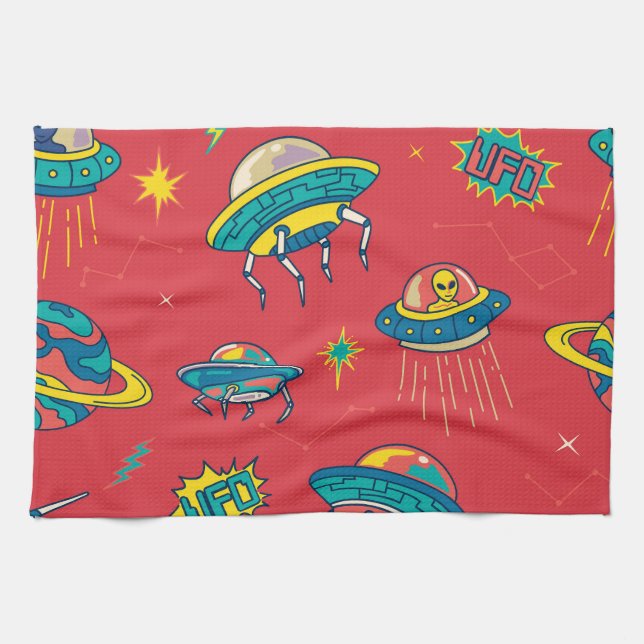 Retro UFO Space Invaders Tea Towel (Horizontal)