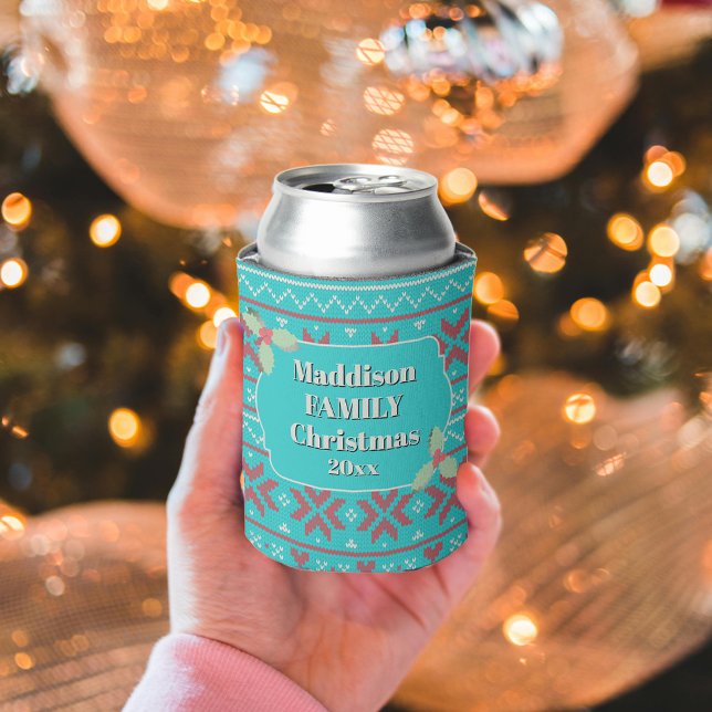 Retro Ugly Christmas Sweater Blue Red Holly Can Cooler (Creator Uploaded)