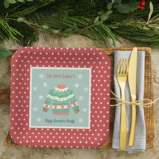 Retro Ugly Christmas Sweater Party Holiday Paper Plate (Creator Uploaded)