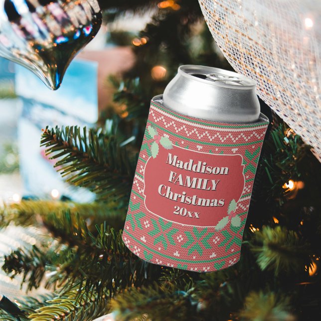 Retro Ugly Christmas Sweater Red Green Holly Can Cooler (Creator Uploaded)