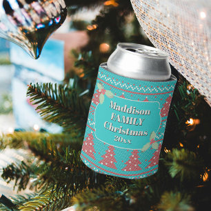 Retro Ugly Christmas Sweater with Trees in Blue Can Cooler