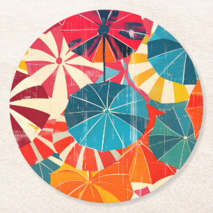 Retro Umbrella Rainy Day Pop Art Round Paper Coaster