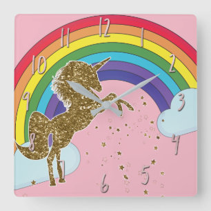 Retro Unicorn Rainbow & Gold Stars Square Wall Clock