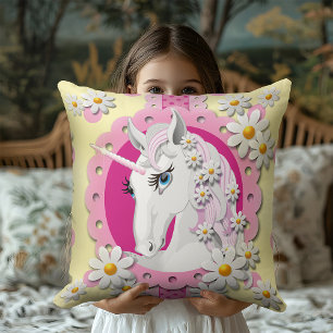 Retro Unicorns and Daisies Pattern on Yellow Cushion