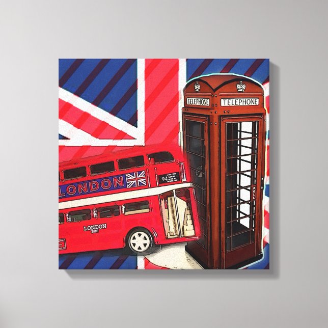 Retro Union Jack London Bus red telephone booth Canvas Print (Front)