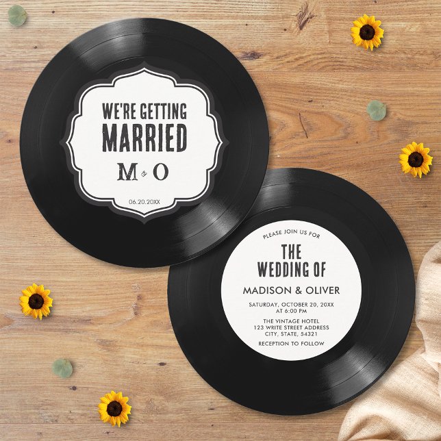 Retro Unique Black and White Vinyl Record Wedding Invitation (Front/Back)