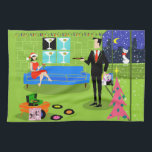 Retro Urban Christmas Couple Kitchen Towel<br><div class="desc">This Retro Urban Christmas Couple Kitchen Towel features the cartoon drawing of an elegant penthouse apartment all decorated for the holidays with strands of colourful Christmas lights and a kitschy, pink, Christmas tree, complete with teal ornaments and a yellow star. The apartment features a green floor and a green brick...</div>