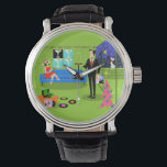 Retro Urban Christmas Couple Watch<br><div class="desc">This Retro Urban Christmas Couple Watch features the cartoon drawing of an elegant penthouse apartment all decorated for the holidays with strands of colourful Christmas lights and a kitschy, pink, Christmas tree, complete with teal ornaments and a yellow star. The apartment features a green floor and a green brick wall....</div>