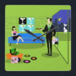 Retro Urban Couple Wall Clock<br><div class="desc">This Retro Urban Cartoon Couple Wall Clock features the cartoon drawing of an elegantly decorated penthouse apartment, overlooking a city skyline. The apartment features a green floor and a green brick wall. On the wall are four Classic Movie Martini Stretched Canvas Prints, also available from StrangeLittleOnion's Zazzle store (hint, hint!)....</div>