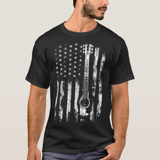 Retro Us Flag Acoustic Guitar Distressed Patriotic T-Shirt (Front)