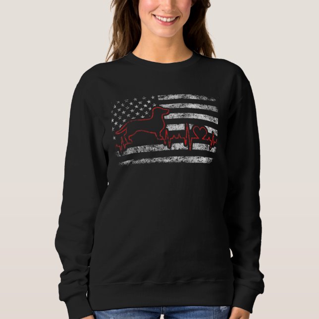 Retro US Flag Dog Dachshund Heartbeat Dad Mum Prid Sweatshirt (Front)