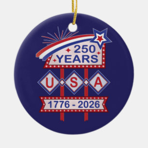 Retro USA 250th Anniversary Marquee Sign 1776-2026 Ceramic Tree Decoration