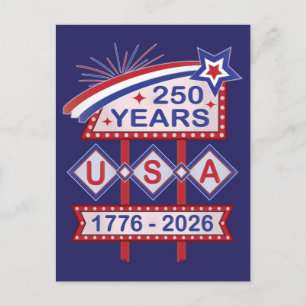Retro USA 250th Anniversary Marquee Sign 1776-2026 Holiday Postcard