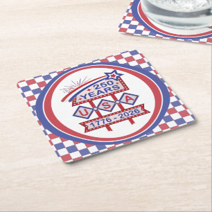 Retro USA 250th Anniversary Marquee Sign 1776-2026 Square Paper Coaster