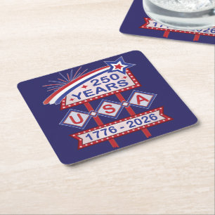 Retro USA 250th Anniversary Marquee Sign 1776-2026 Square Paper Coaster