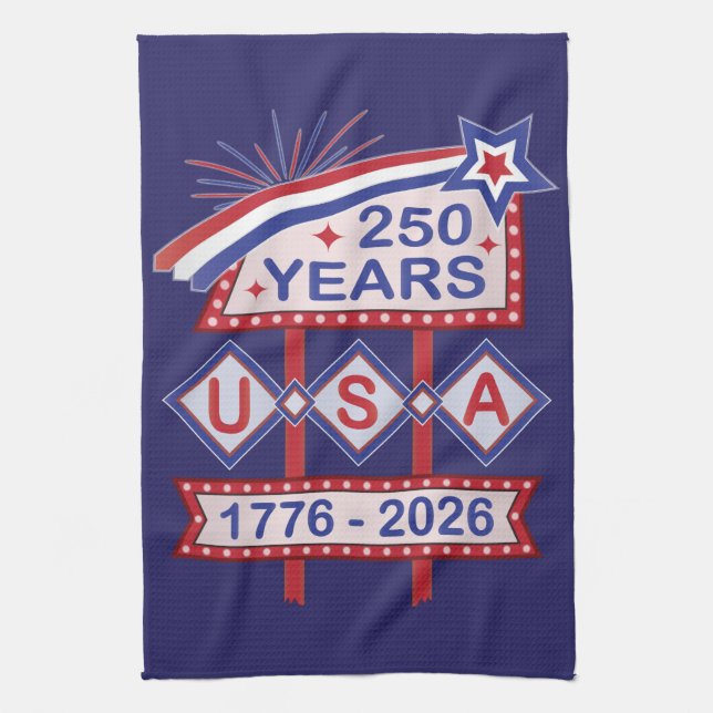 Retro USA 250th Anniversary Marquee Sign 1776-2026 Tea Towel (Vertical)