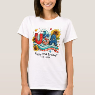 Retro USA 250th Birthday Sunflower & Wave Graphic T-Shirt
