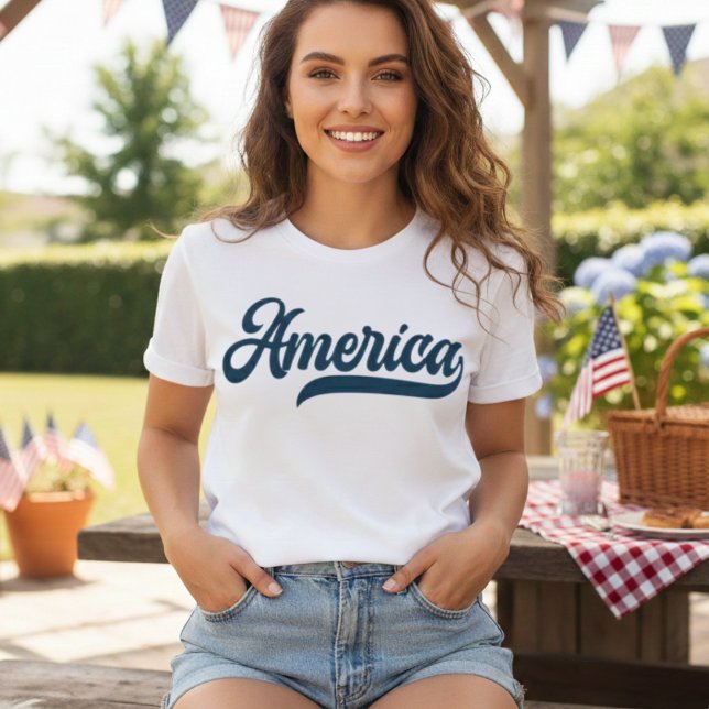 Retro USA America in Decorative Navy Blue Script T-Shirt (Retro USA America in Decorative Navy Blue Script T-Shirt)