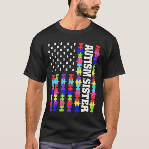 Retro Usa Flag Autism Sister Puzzle Autistic Aware T-Shirt