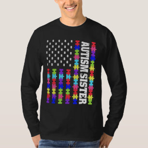 Retro Usa Flag Autism Sister Puzzle Autistic Aware T-Shirt