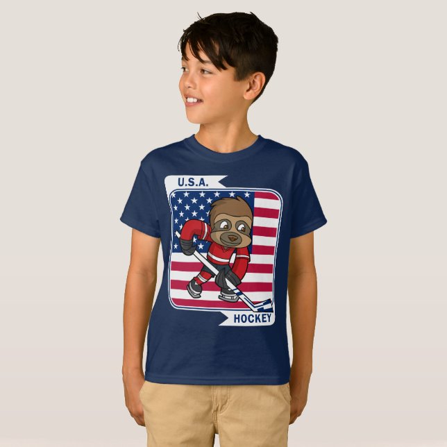 Retro USA Sloth Ice Hockey T-Shirt (Front Full)