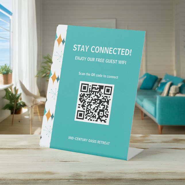 Retro Vacation Rental WiFi Information QR Code Pedestal Sign (Creator Uploaded)