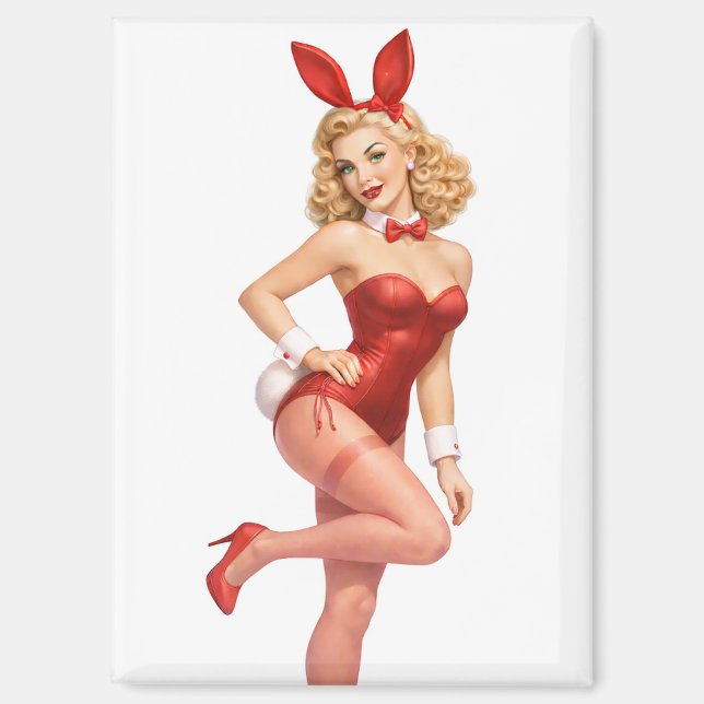 Retro Valentine Bunny Pin-Up Girl Magnet (Front)